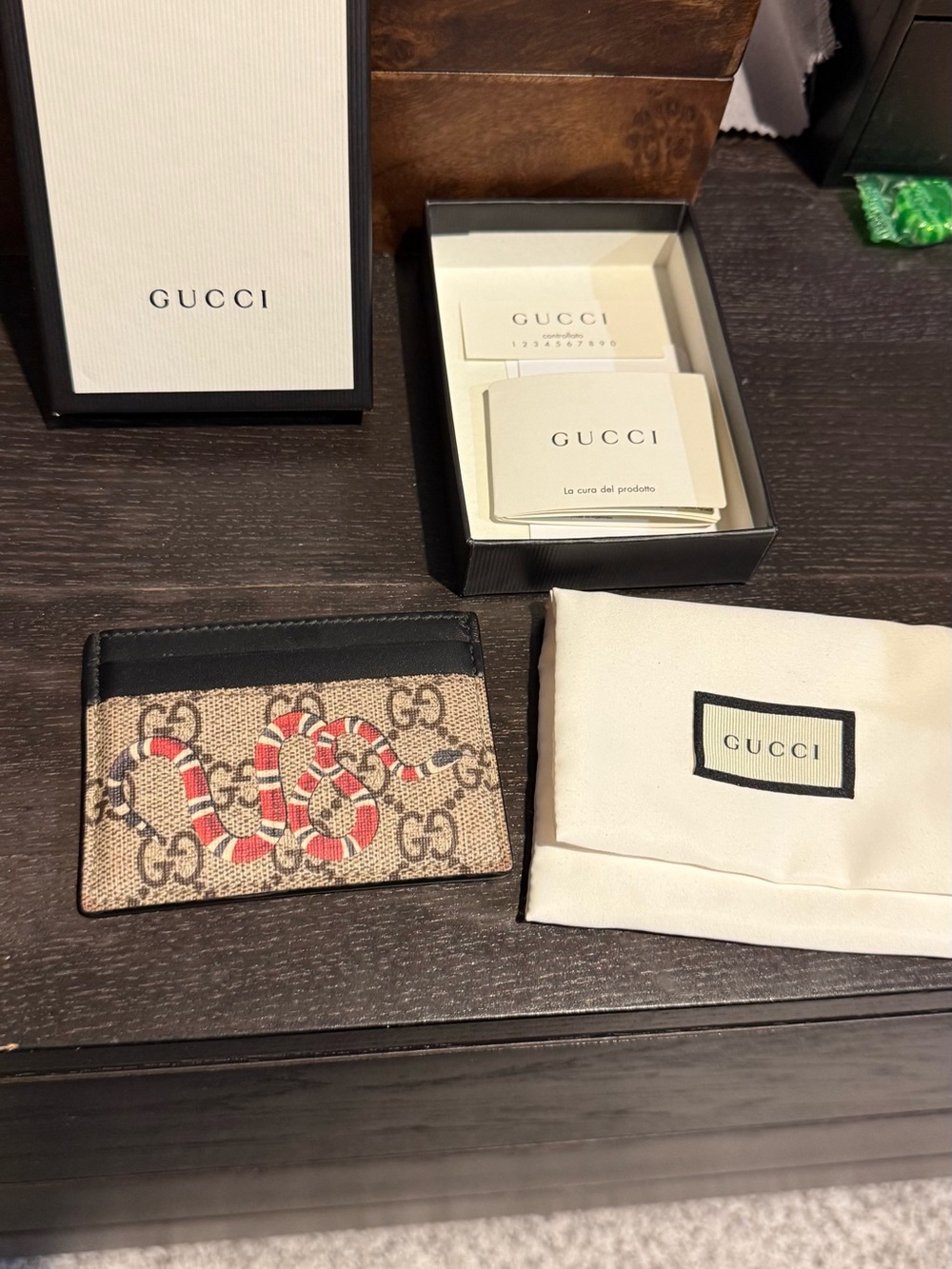 Gucci Beige GG Supreme Card Holder with Red/White Snake Motif